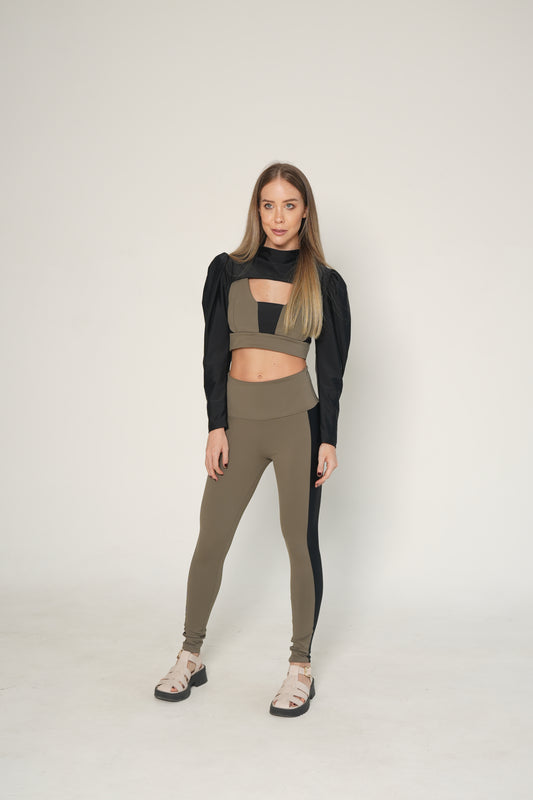 SHOULDER + TOP + LEGGIN / GRIS VERDOSO Y NEGRO