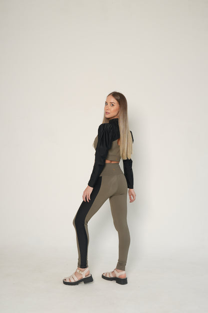 SHOULDER + TOP + LEGGIN / GRIS VERDOSO Y NEGRO